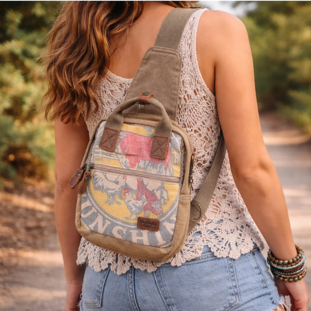 Selina Vaughan Studios Canvas Mini Backpack Crossbody Rooster Print Tan Boho